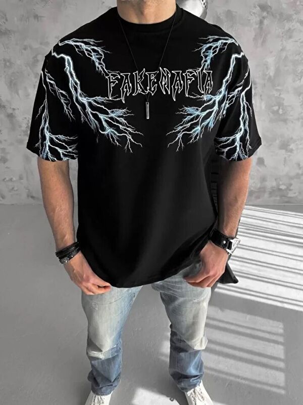 Jane's Unisex Bisiklet Yaka Baskılı Oversize T-Shirt-Siyah