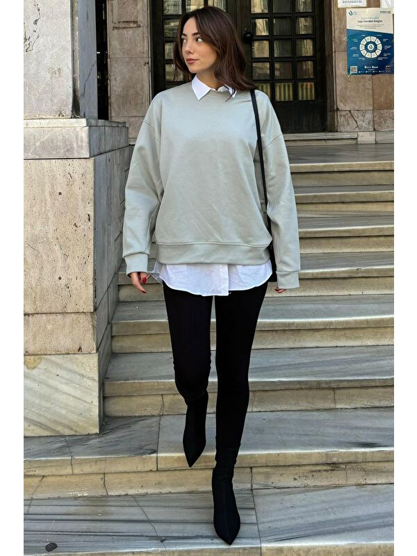 Madmext Boyalı Gri Bisiklet Yaka Basic Sweatshirt Mg2185