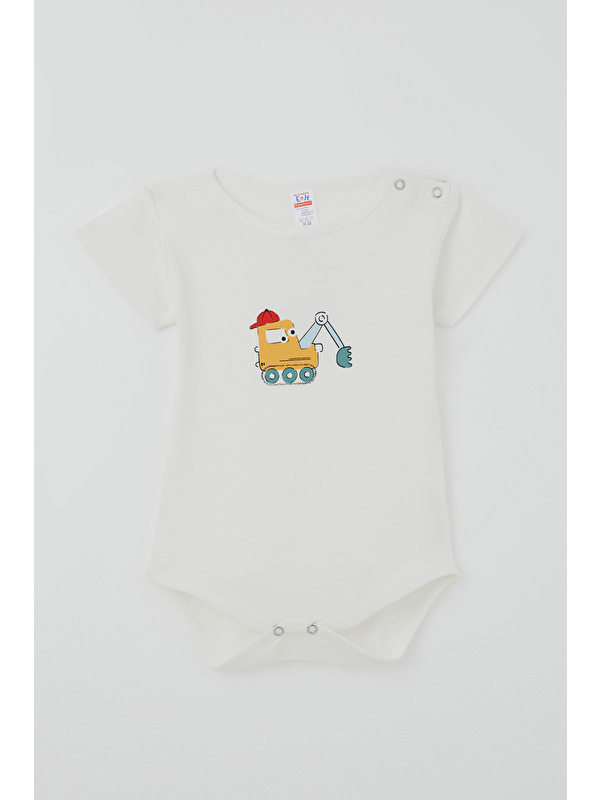Breeze Erkek Çocuk Çıtçıtlı Kısa Kollu Zıbın Body Şapkalı Sevimli İş Makinesi Baskılı Ekru (1-3 Yaş)
