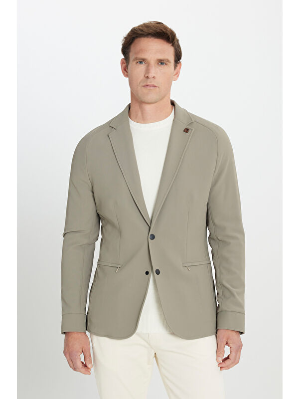 Altınyıldız Classics Erkek Vizon Slim Fit Dar Kesim Mono Yaka Fermuarlı Cepli Takım Elbise Ceketi