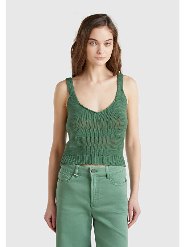 United Colors Of Benetton Kadın Açık Yeşil %100 Pamuk Şerit Efektli Örme Relax Fit V Yaka Triko Atlet
