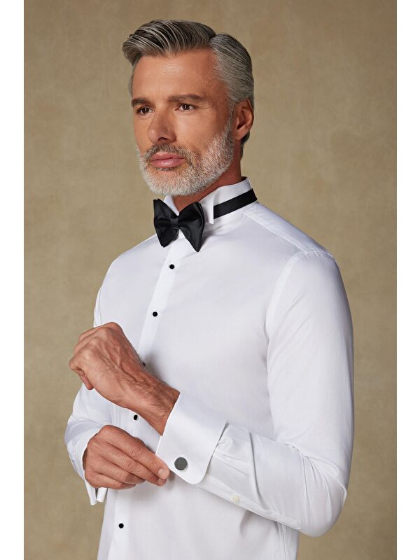 ABBATE Ata Saten Pamuklu Slim Fit Beyaz Ata Yaka Erkek Düz Gömlek