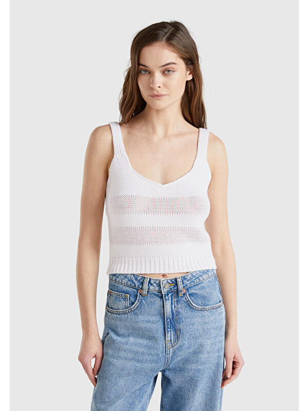 United Colors Of Benetton Kadın Beyaz %100 Pamuk Şerit Efektli Örme Relax Fit V Yaka Triko Atlet
