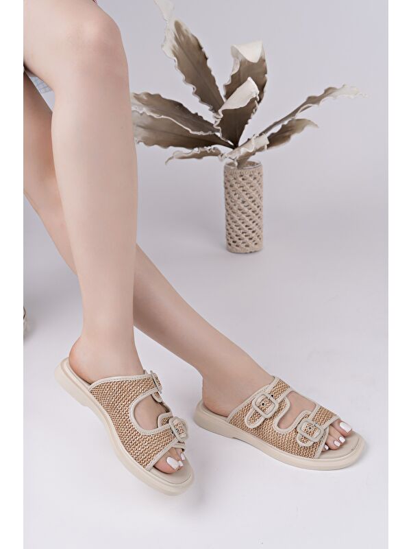 SARLE Çift Bantlı Ayarlanabilir Kemerli Kadın Günlük Hasır Terlik - Görsel 4