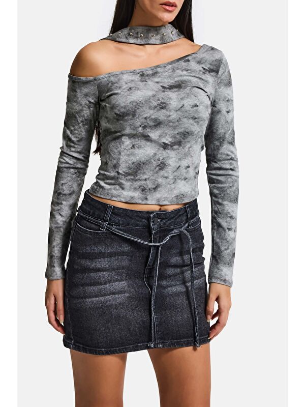 It's Basic Kadın Koyu Füme 2s6-1 Straight Fit Kemer Detaylı Elastan Mini Denim Etek