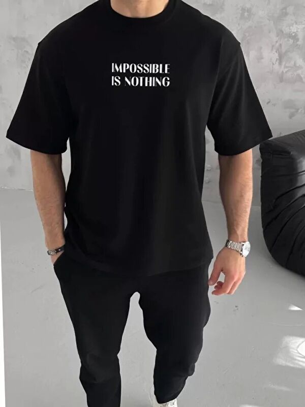 Jane's Unisex Bisiklet Yaka Baskılı Oversize T-Shirt - Siyah
