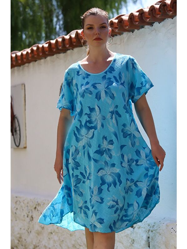 Chiccy İtalyan Turkuaz Havuz Yaka Kısa Kol Çiçekli Casual Oversize Dokuma Elbise 110 70