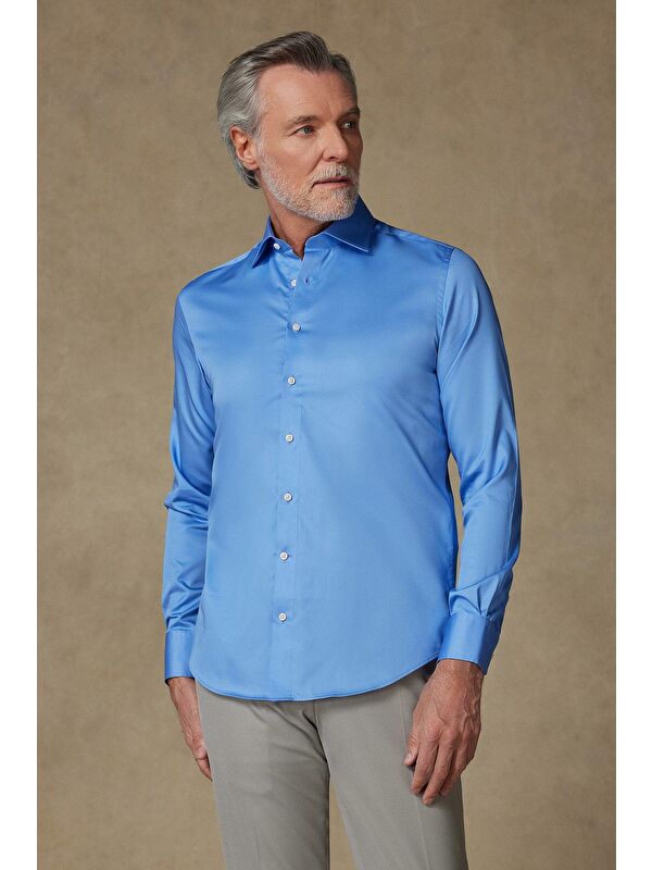 ABBATE Donatello Saten Pamuklu Slim Fit Koyu Mavi Klasik Yaka Erkek Düz Gömlek