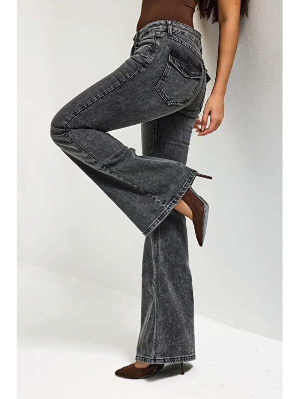 It's Basic Kadın Jean Füme 4s6-14 Mide Rise Flare Fit Süper Esnek Kumaş İç Boy 83cm Denim Jean