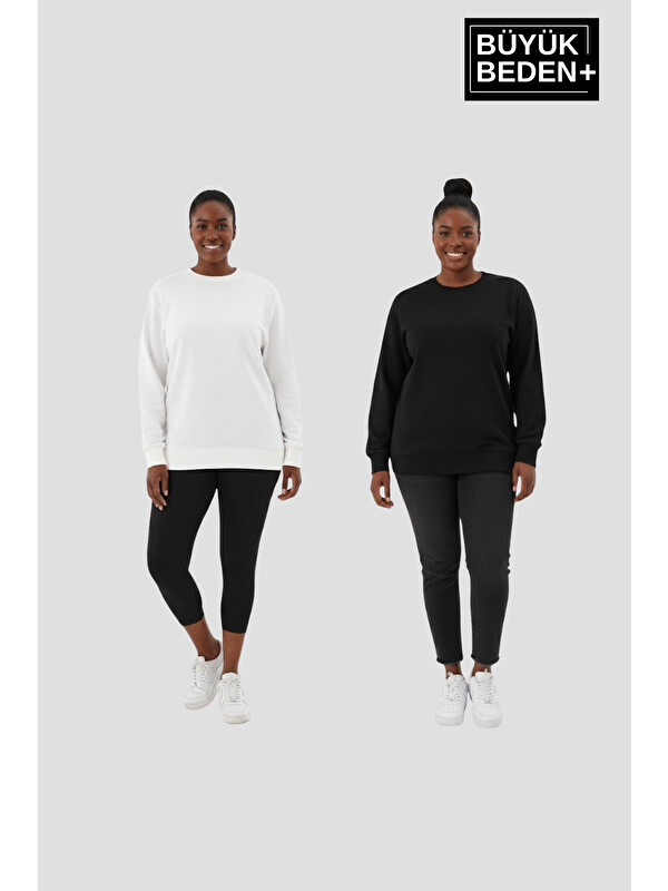 Süperlife Kadın Büyük Beden Bisiklet Yaka 2’li Set-Rahat Kalıp İnce Sweatshirt SPR26BSWK956+2