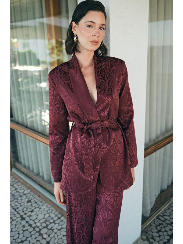 SATEEN Yılan Desenli Uzun Ceket - Bordo
