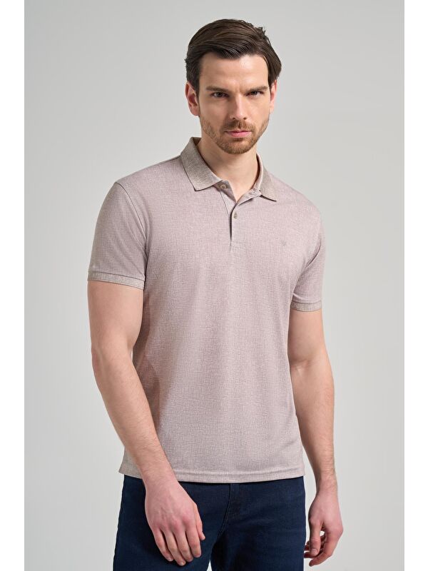 İMZA Koyu Vizon Kısa Kol Baskılı Pike Polo Yaka Cepsiz Esnek Casual Slim Fit Tişört 1011250151