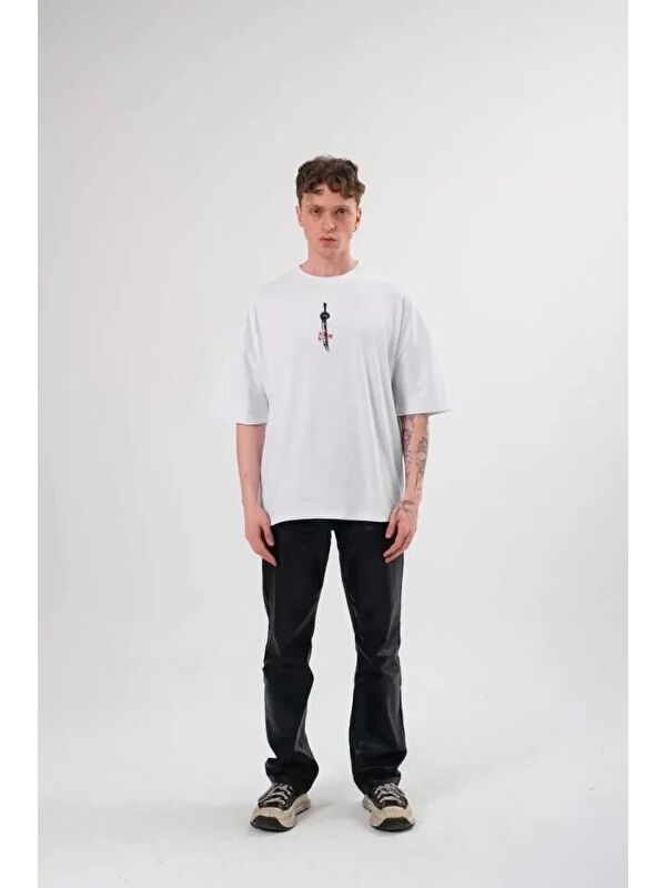 Jane's Unisex Bisiklet Yaka Baskılı Oversize T-Shirt - Beyaz