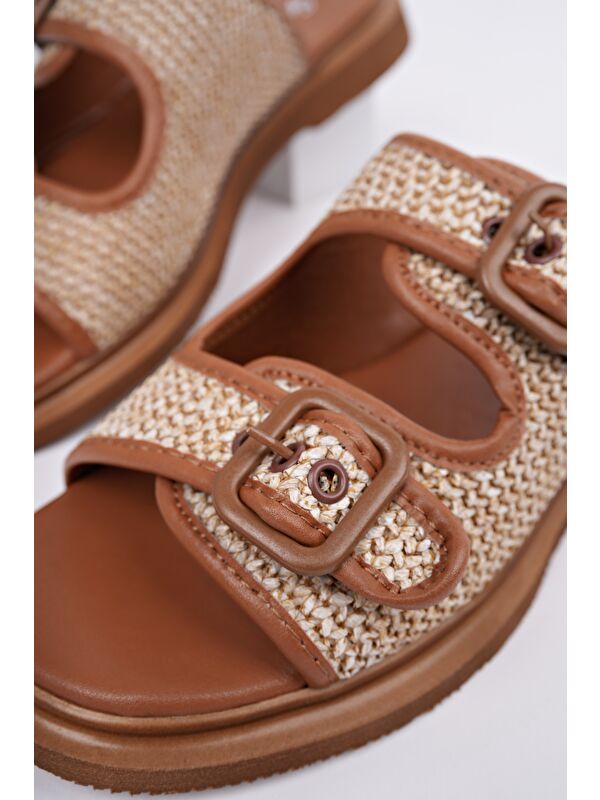 SARLE Çift Bantlı Ayarlanabilir Kemerli Kadın Günlük Hasır Terlik - Görsel 6