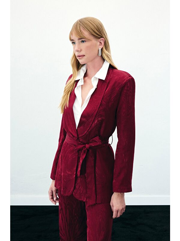SATEEN Kuşaklı Uzun Ceket - Bordo