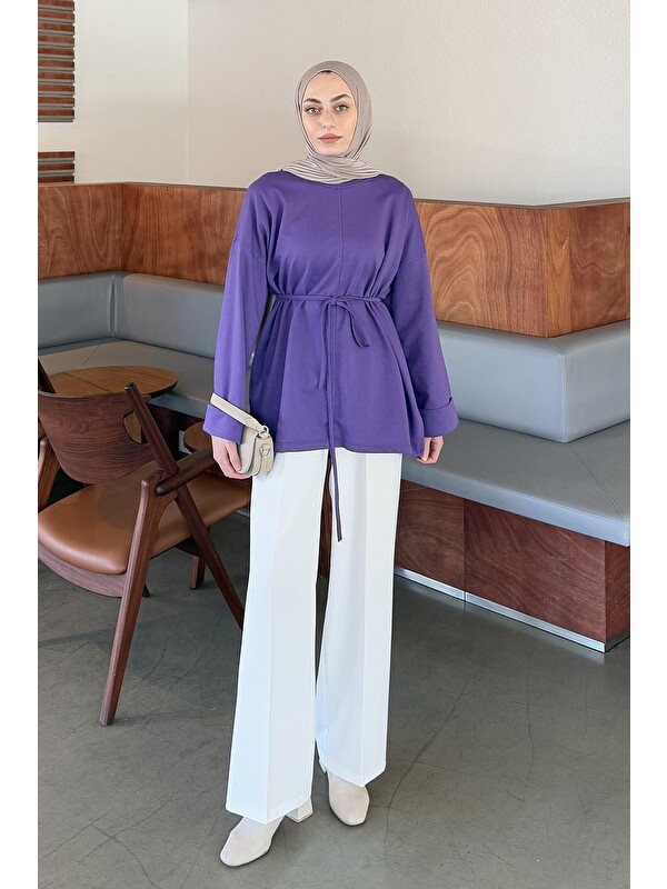 Lamelif Yırtmaç Detaylı Sweat Mor