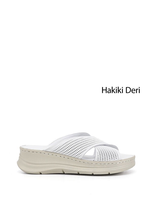 GÖNDERİ(R) Kadın CANLI BEYAZ Dolgu Taban Hakiki Deri Terlik