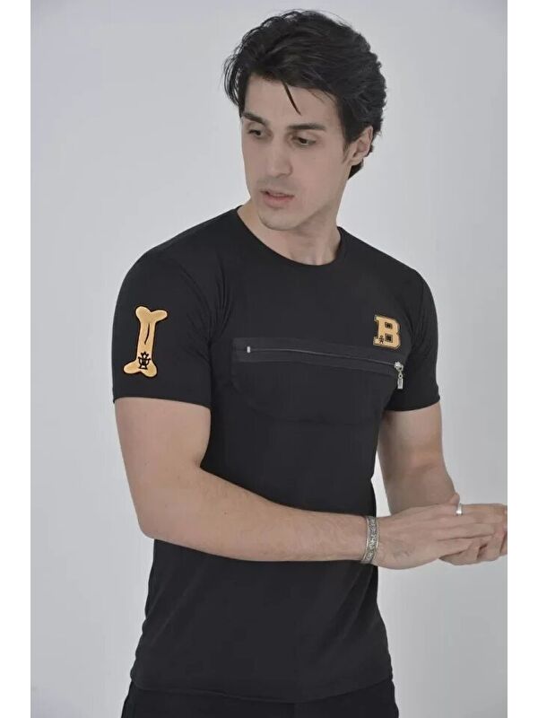 Jane's Unisex Göğüs Fermuarlı Baskılı T-Shirt - Siyah