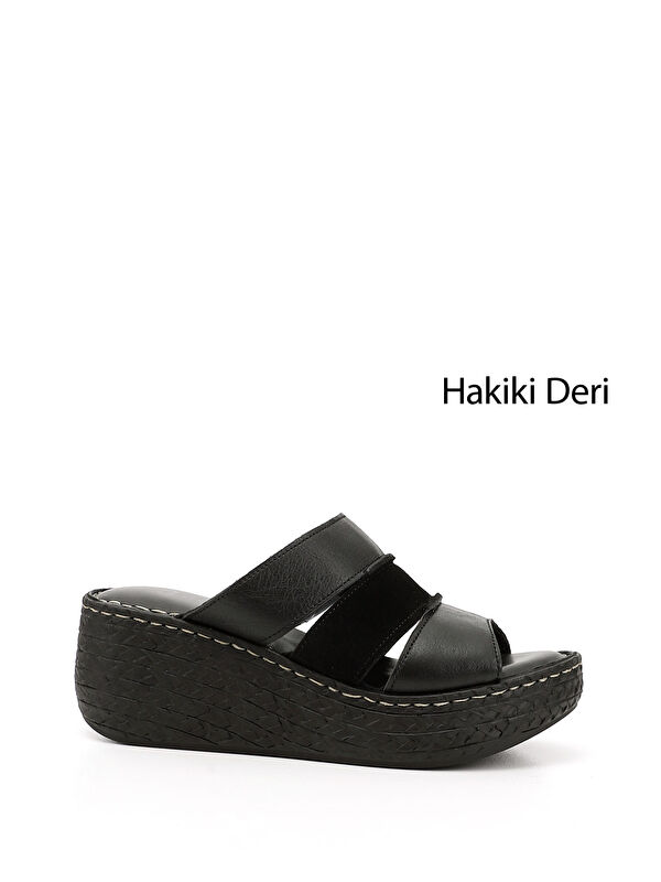 GÖNDERİ(R) Kadın ZÜMRÜT-SİYAH Hakiki Deri Dolgu Tabanlı Terlik