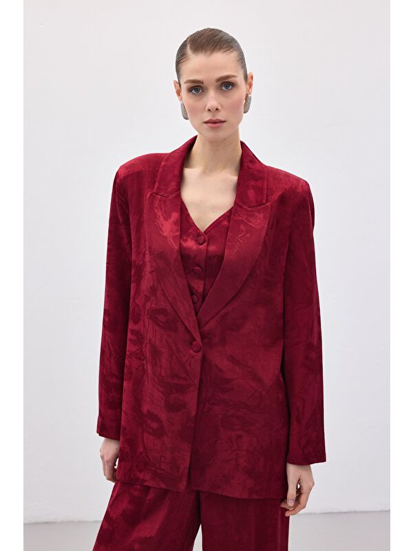 SATEEN Jakarlı Uzun Ceket - Bordo