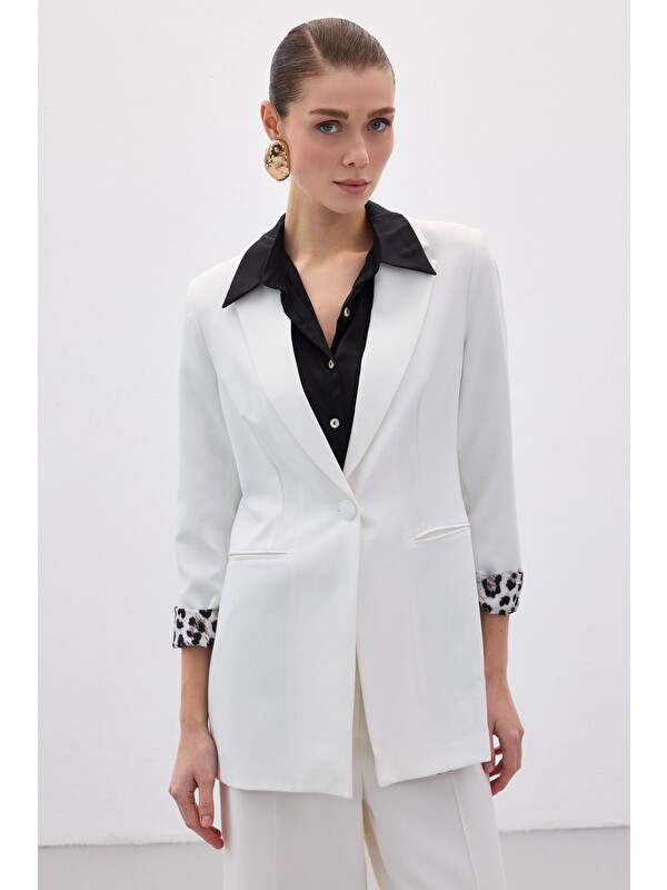 SATEEN Mono Yaka Klasik Ceket - Ekru-Siyah