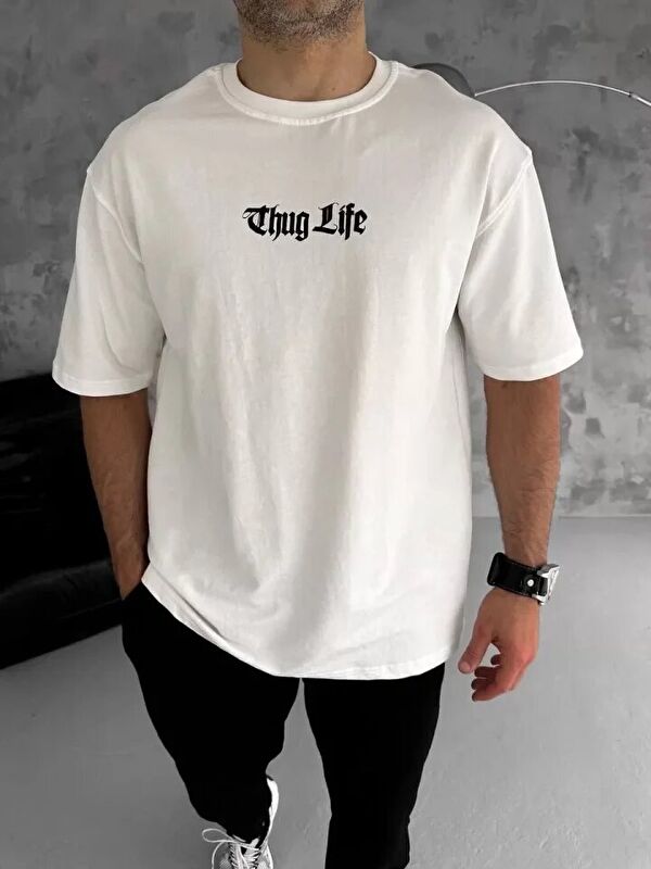 Jane's Unisex Bisiklet Yaka Baskılı Oversize T-Shirt - Beyaz