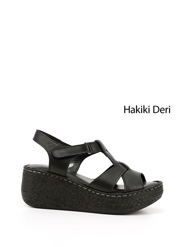 GÖNDERİ(R) Kadın ZÜMRÜT-SİYAH Cırt Bantlı Dolgu Tabanlı Hakiki Deri Sandalet