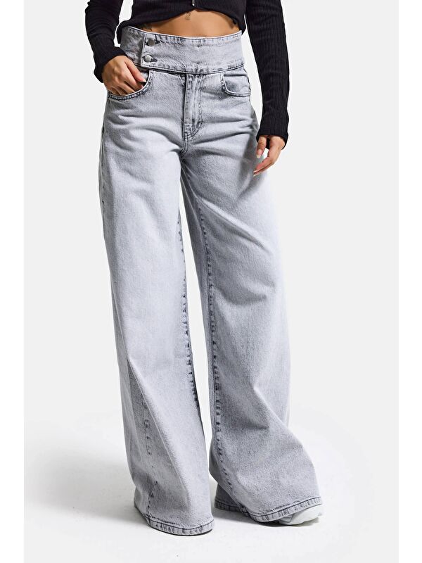 It's Basic Kadın Gri Renk 4s6-12 Palazzo Fit Kemer Detaylı Elastan Kumaş Denim Jean