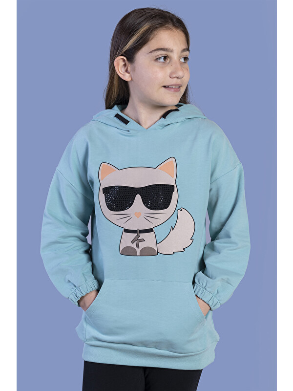 Toontoykids Kız Çocuk Kedi Desenli Taş İşlemeli Kanguru Cepli Sweatshirt