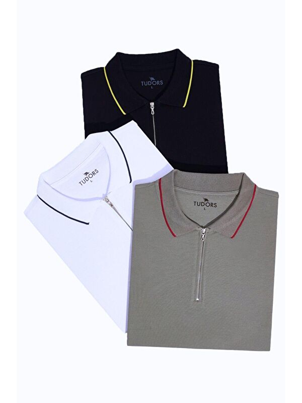 TUDORS Erkek 3'Lü Paket Lacivert-Gri-Beyaz Slim Fit Dar Kesim Pamuklu Düz Fermuarlı Pike Polo Yaka Tişört