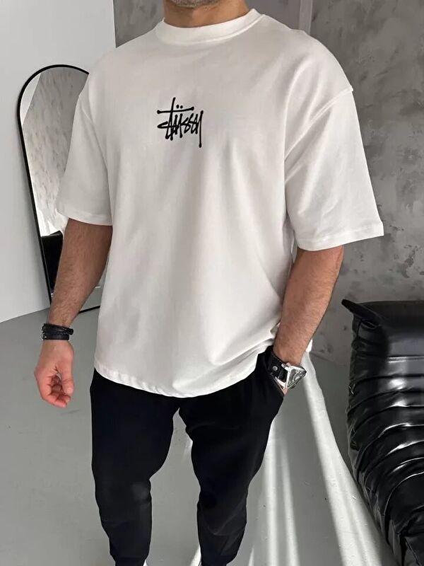 Jane's Unisex Bisiklet Yaka Baskılı Oversize T-Shirt - Beyaz