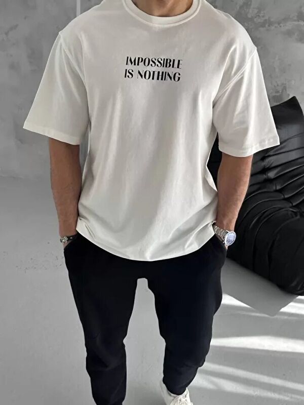 Jane's Unisex Bisiklet Yaka Baskılı Oversize T-Shirt - Beyaz