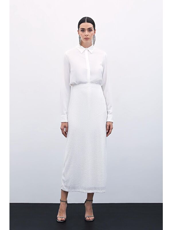SATEEN Karolin Midi Etek - Ekru