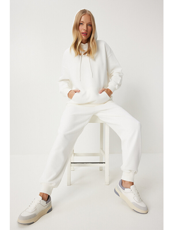 Happiness İstanbul Kapüşonlu Sweatshirt Jogger Oversize Örme Eşofman Takımı EKRU LPYS003