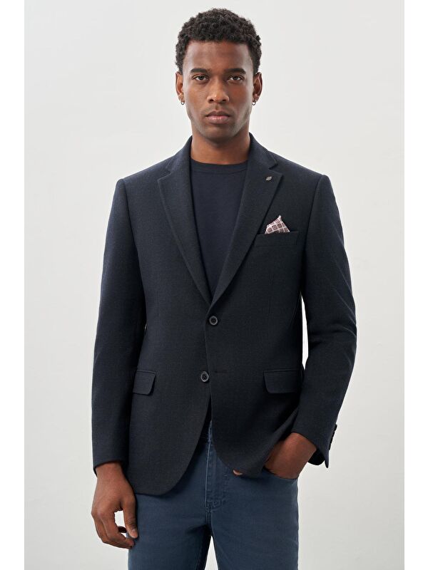 İMZA Koyu Lacivert Desenli Örme Mono Yaka Tam Astar Esnek 6 Drop Comfort Fit Casual Ceket 1002245164