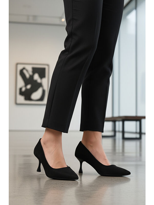 Siyah Süet Kadın İnce Kısa Topuklu Abiye Ayakkabı 695033 Z - Görsel 4