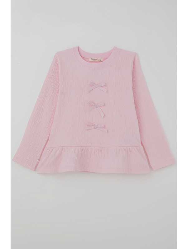Breeze Kız Çocuk Uzun Kollu Bluz Fiyonk Aksesuarlı Pembe (4-8 Yaş)