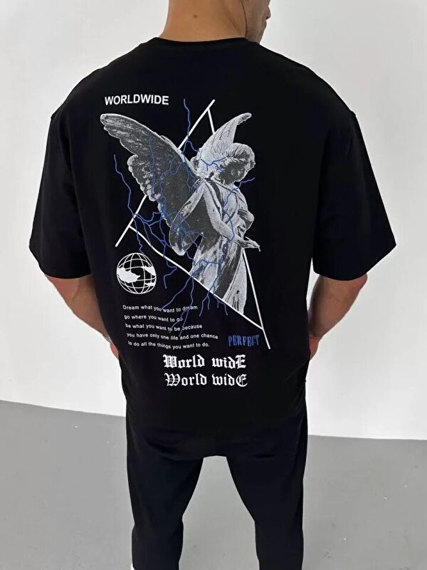 Jane's Unisex Bisiklet Yaka Baskılı Oversize T-Shirt - Siyah
