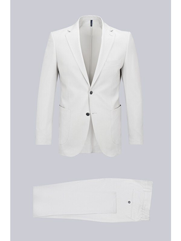 Hatemoğlu Bej Slim Fit Çizgili Mono Yaka Takım Elbise