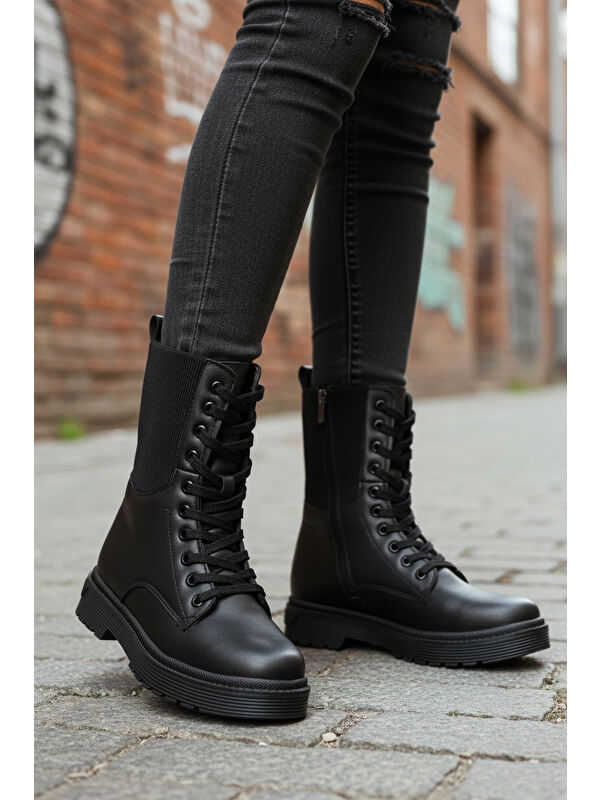 Siyah İçi Polarlı Fermuarlı Uzun Kaymaz Taban Kadın Bot 23002 Z - Görsel 4