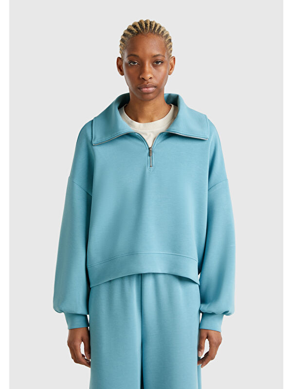 United Colors Of Benetton Kadın Mavi Modal Karışımlı Yarım Fermuarlı Polo Yaka Sweatshirt