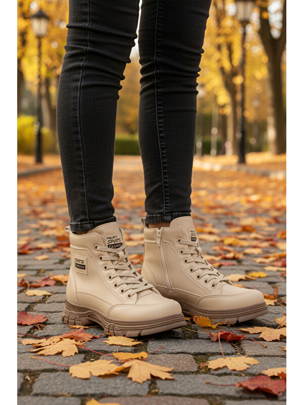 Bej İçi Kürklü Kaymaz Taban Fermuarlı Bağcıklı Kadın Bot 24090 Z - Görsel 4