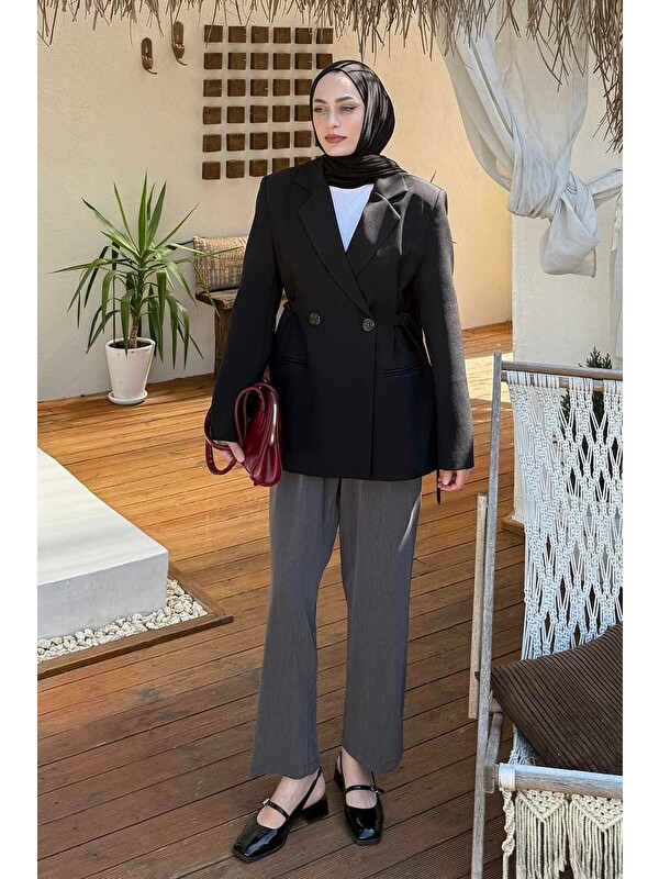 Lamelif Yandan Bağlamalı Ceket Siyah