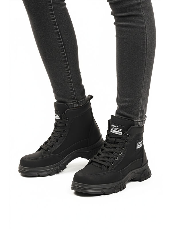 Siyah Nubuk İçi Kürklü Kaymaz Taban Fermuarlı Bağcıklı Kadın Bot 24090 Z - Görsel 2