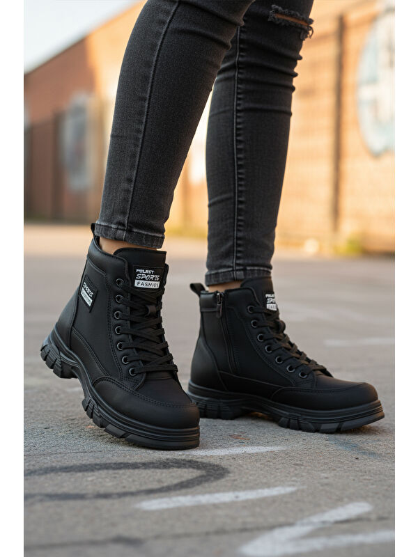 Siyah Nubuk İçi Kürklü Kaymaz Taban Fermuarlı Bağcıklı Kadın Bot 24090 Z - Görsel 4