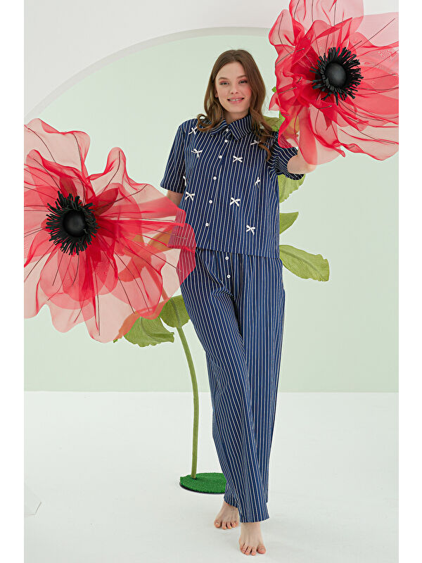 NBB Lacivert Kurdele Önden Düğmeli Pijama Takım