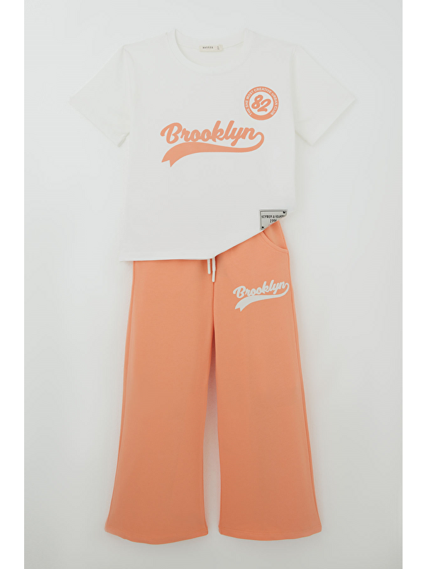 Breeze Kız Çocuk Pantolonlu Takım Brooklyn Yazı Baskılı Bağcıklı Ekru (8-14 Yaş)