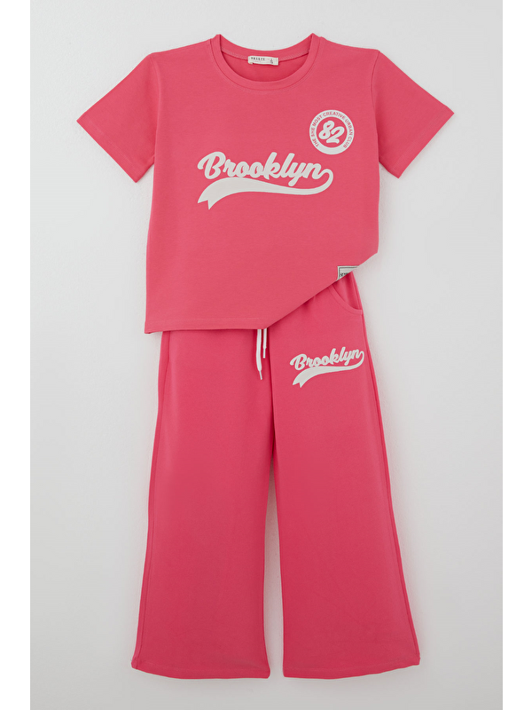 Breeze Kız Çocuk Pantolonlu Takım Brooklyn Yazı Baskılı Bağcıklı Fuşya (8-14 Yaş)