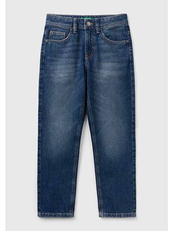 United Colors Of Benetton Erkek Çocuk Koyu Denim Arkası Logo İşlemeli 5 Cepli Düz Kesim Denim Pantolon
