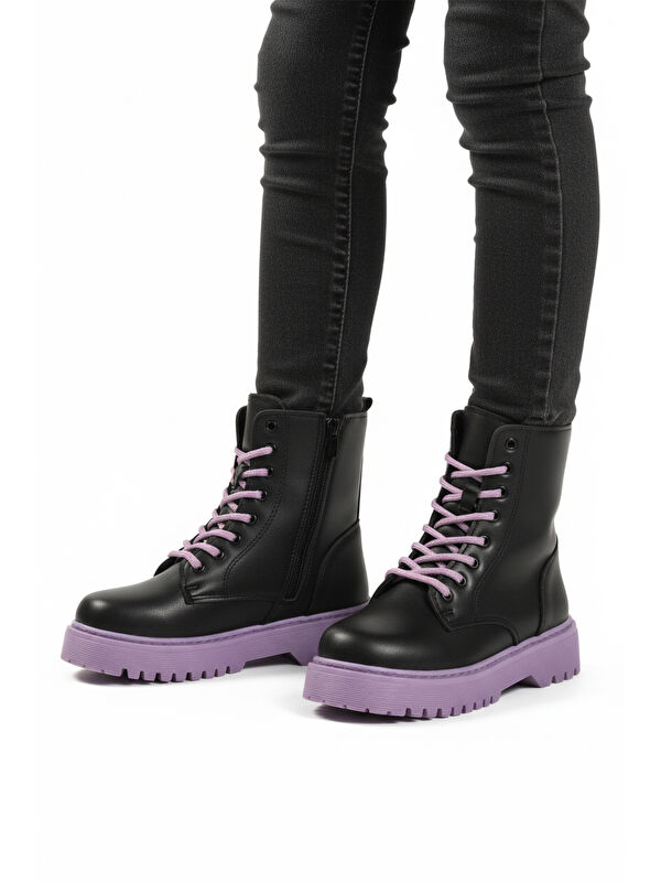 Siyah Mor İçi Polarlı Bağcıklı Fermuarlı Kaymaz Kız Çocuk Bot Dale 05 F - Görsel 2